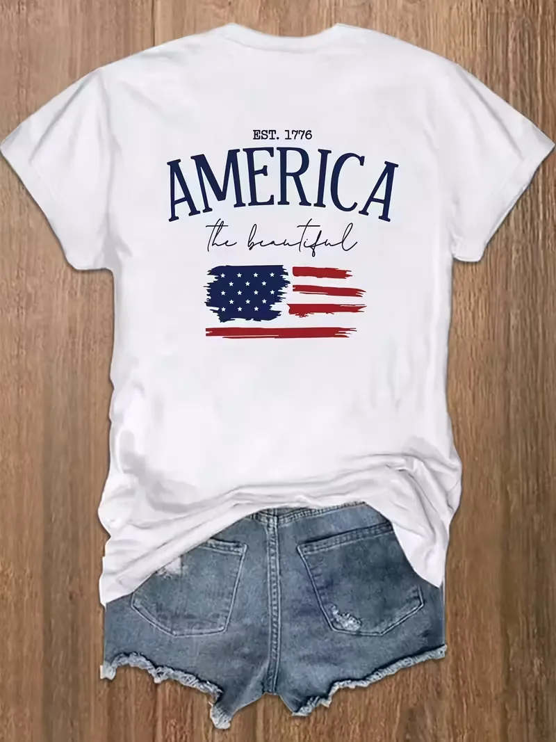 God Bless America Tee Women's Patriotic USA Flag Floral Bowknot Print T-Shirt - 4th of July Independence Day Design T-Shirts