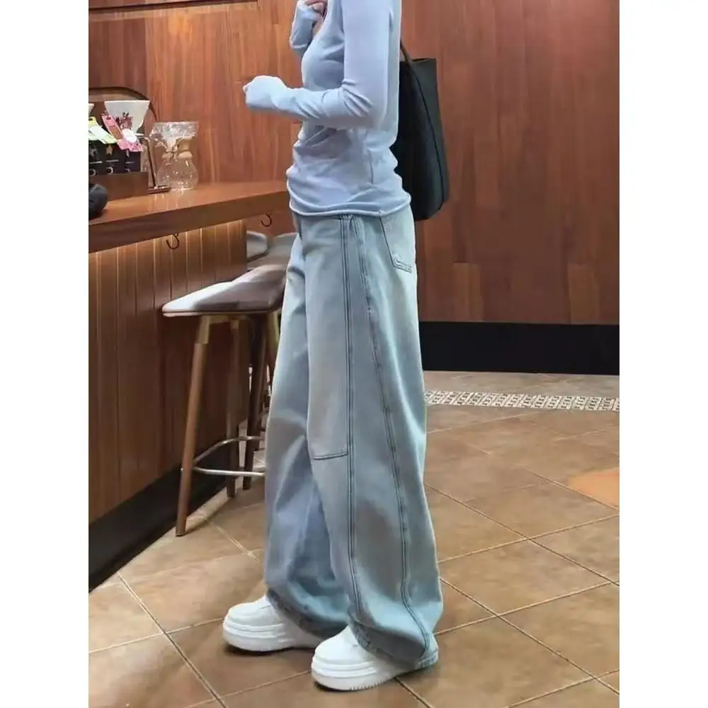 

Light Blue Wide Leg Knife Jeans Women's Autumn New Versatile Loose Slim High Waist Straight Floor-Length Pants