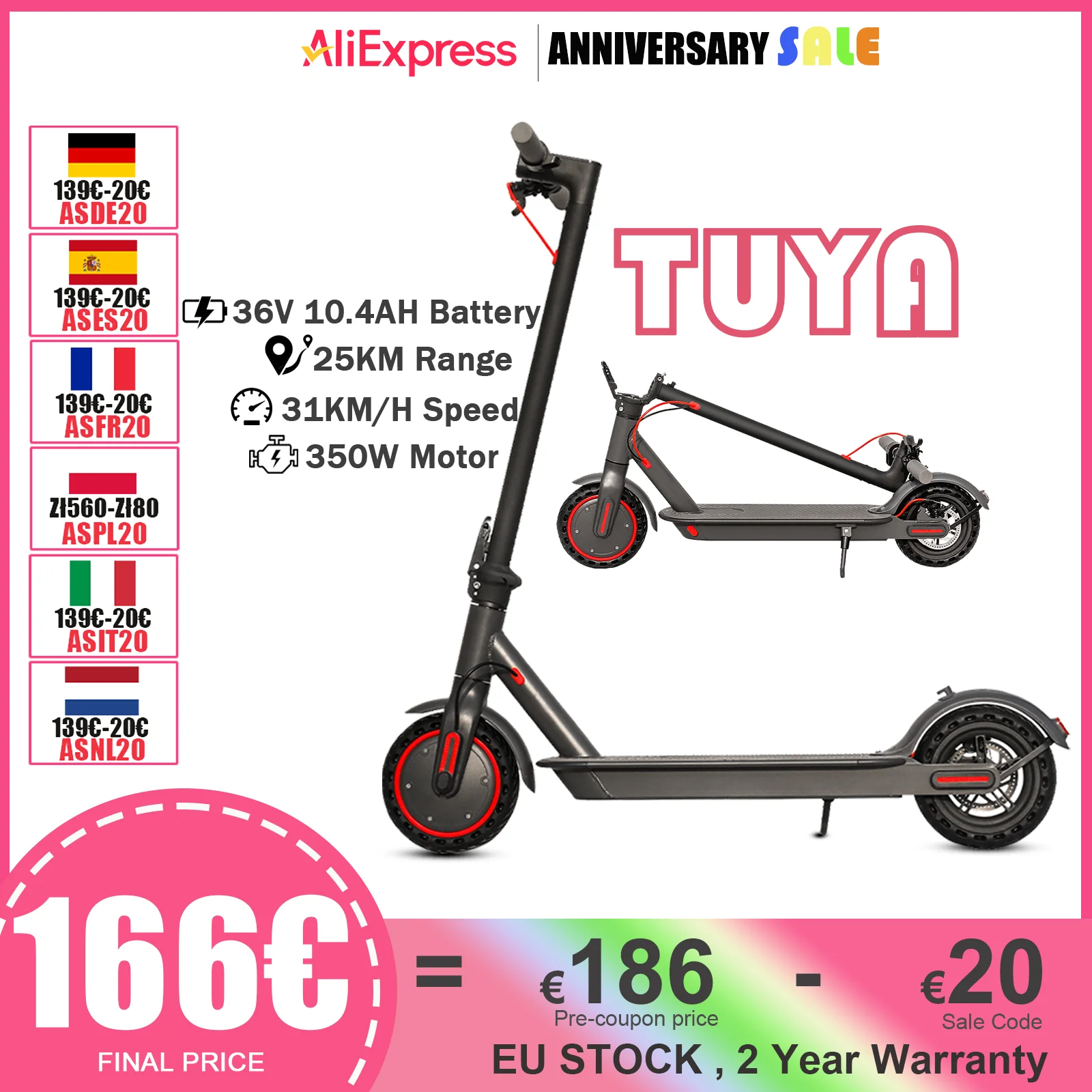 JUICEASE TUYA Electric Scooter 25KM Range 36V 10.4Ah 31KM/H 350W Power Motor Smart APP 8.5 Inch Foldable Adult Kick Escooter