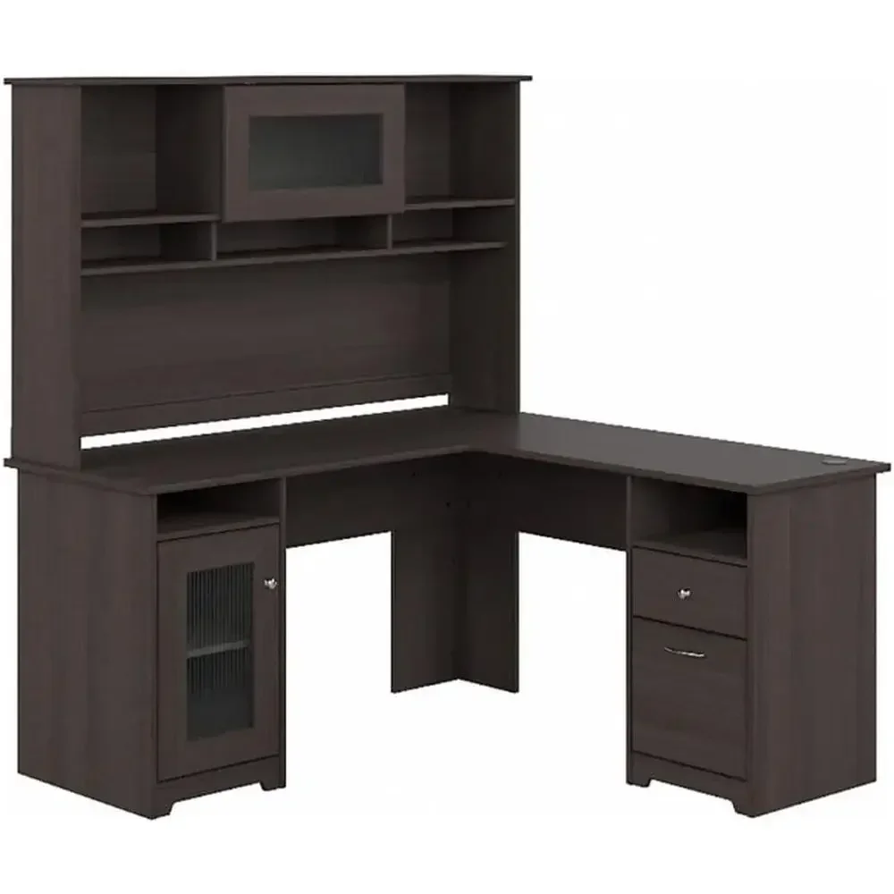 60 L-Shaped Wood Desk with Hutch, Heather Gray, Wire Management, Storage, Adjustable Shelves, Home Office Computer Desk