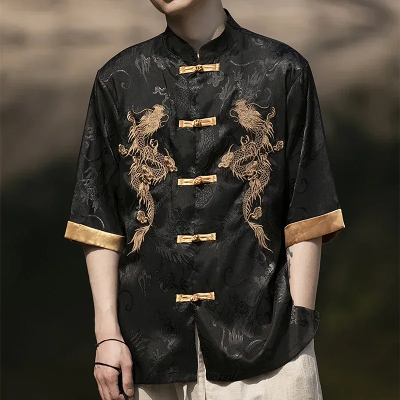 High Quality Summer Chinese Traditional Dress Dragon Embroidery Shirt Men Clothing Ice Silk Half Sleeve Vintage Tops Plus Size