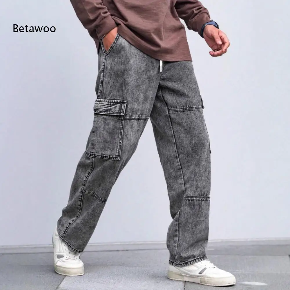 Mens Light Blue Wide Leg Denim Cargo Pants Elastic Drawstring Waist Relaxed Cut Multi Functional Pockets For Daily Street Wear