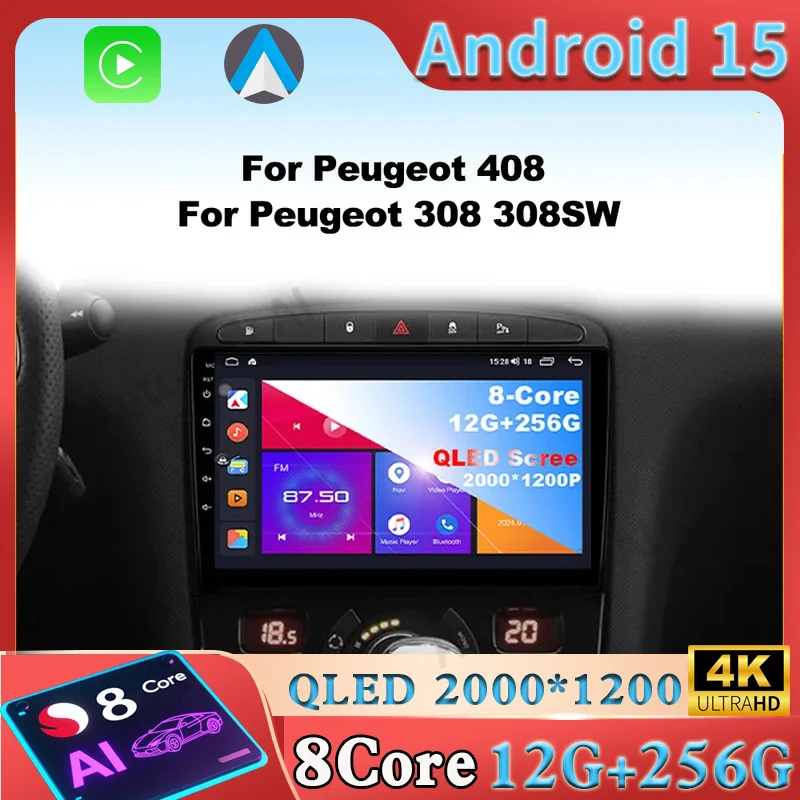 Android 16 Carplay para Peugeot 408 para Peugeot 308 308SW Radio de coche Auto 4G WIFI GPS Navegación Multimedia Video