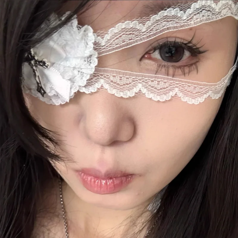أسود أبيض القوطية الشرير قناع عين المرأة تأثيري الحلو كول الدانتيل القلب القوس الصليب غطاء العين لوليتا الظلام حفلة تأثيري اكسسوارات