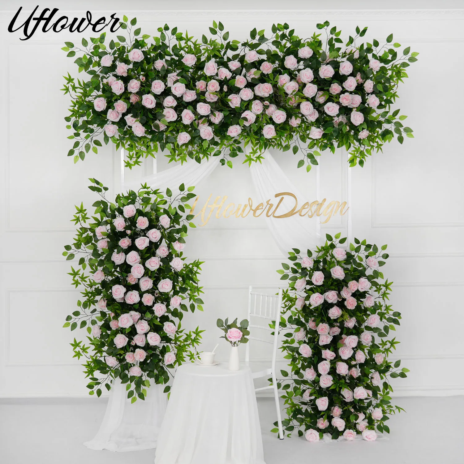 Uflower Pink Rose Green Leaf Blumenarrangement Dekor Hochzeit Outdoor Hintergrund Bogen Event Bühne Party Blumenreihe Blumenwand