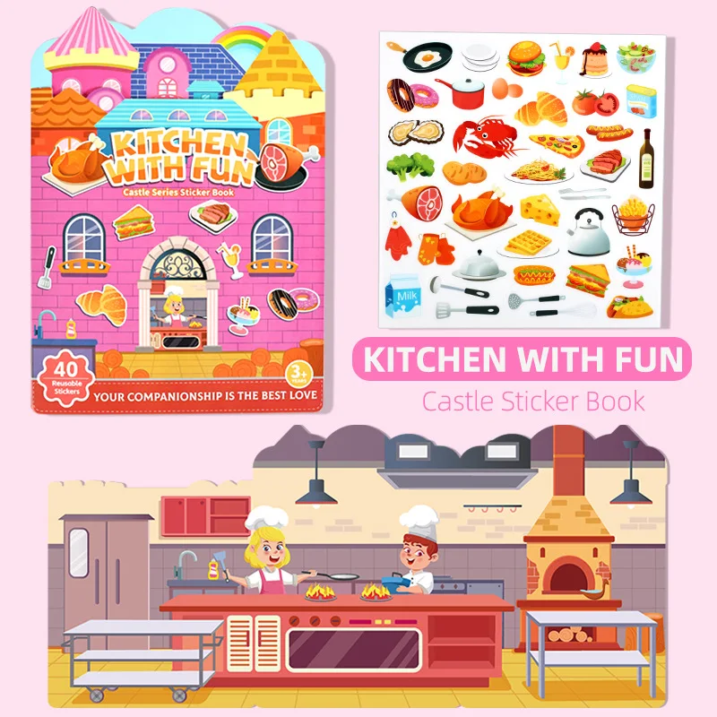 New Reusable Sticker Book for Kids - Cartoon Animal Vehicle Themed Busy Toy Gift for Educational Fun Animal Kitchen Jelly Sticke
