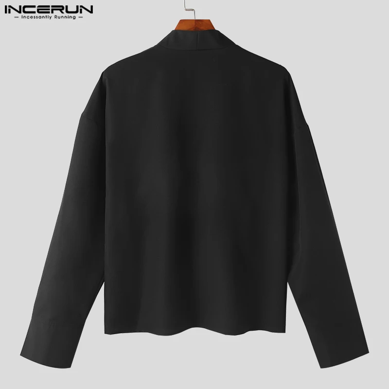 INCERUN Tops 2024 Chinese Style Mens Simple All-match Solid Shirts Streetwear Male Collarless Long Sleeved Cardigan Blouse S-5XL