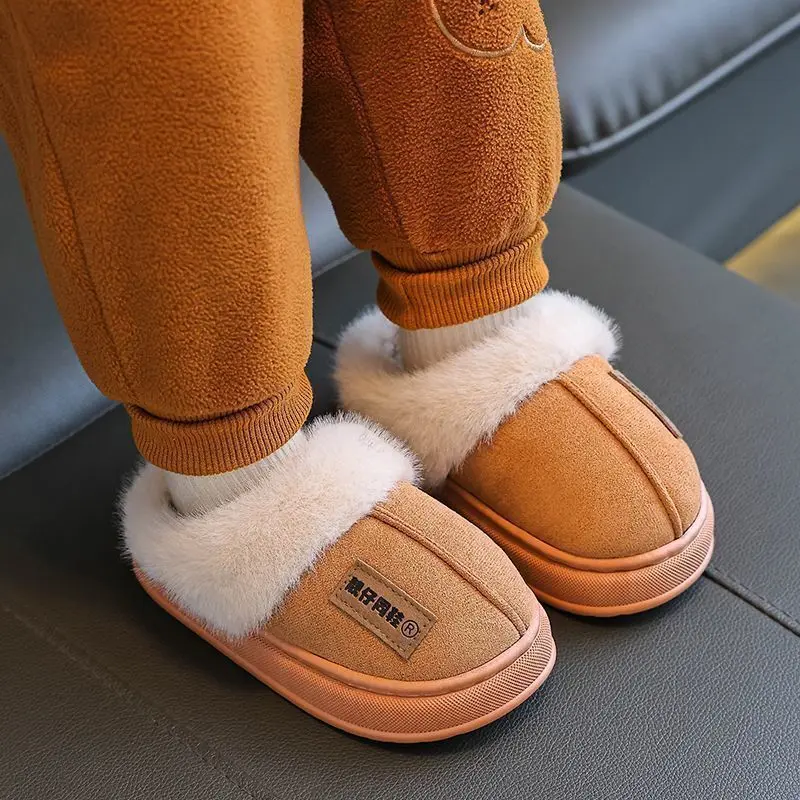 Solid Furry Children Slippers Winter PU Warm Plush Indoor Slippers For Kids Soft Bottom Boys Girls Floor Shoes