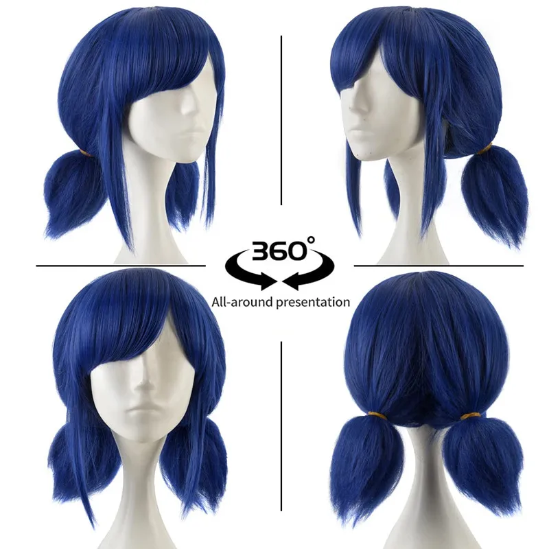Perruque de Cosplay bleue pour filles, perruques courtes pour Costume d'halloween pour femmes, perruques Anime de Style Unique avec bonnet de perruques, paire de boucles d'oreilles gratuite