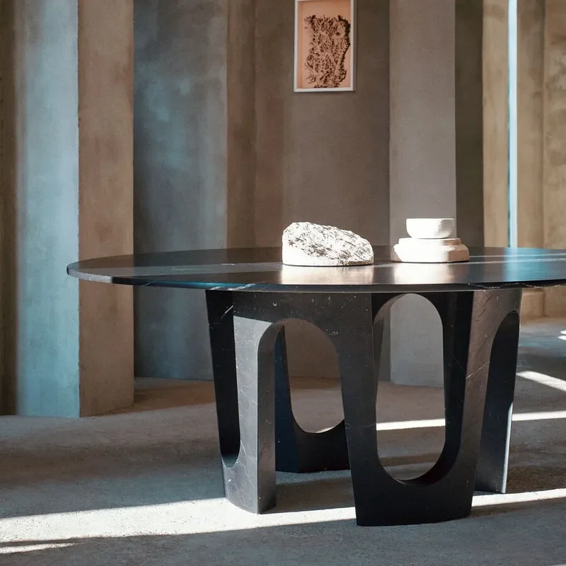 Italian Minimalist White Round Marble Dining Table with Medium Flower Arches Design for Villa Large Flat Floor Special Use