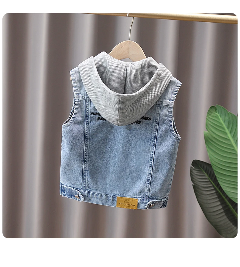 Baby Jungen Lässige Jeansweste mit Kapuze Neue Kinder Designer Modekleidung Outfit Kinder Ärmellose Jacke Hoodie Weste 2-9 Jahre – Detail 8