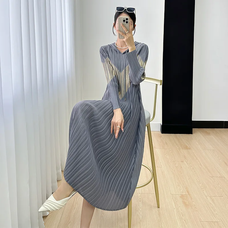 

Miyake Dress Women's Fall 2023 New Fashion Colorblock Print Tall Slim Fold Long Dresses Women's Clothing