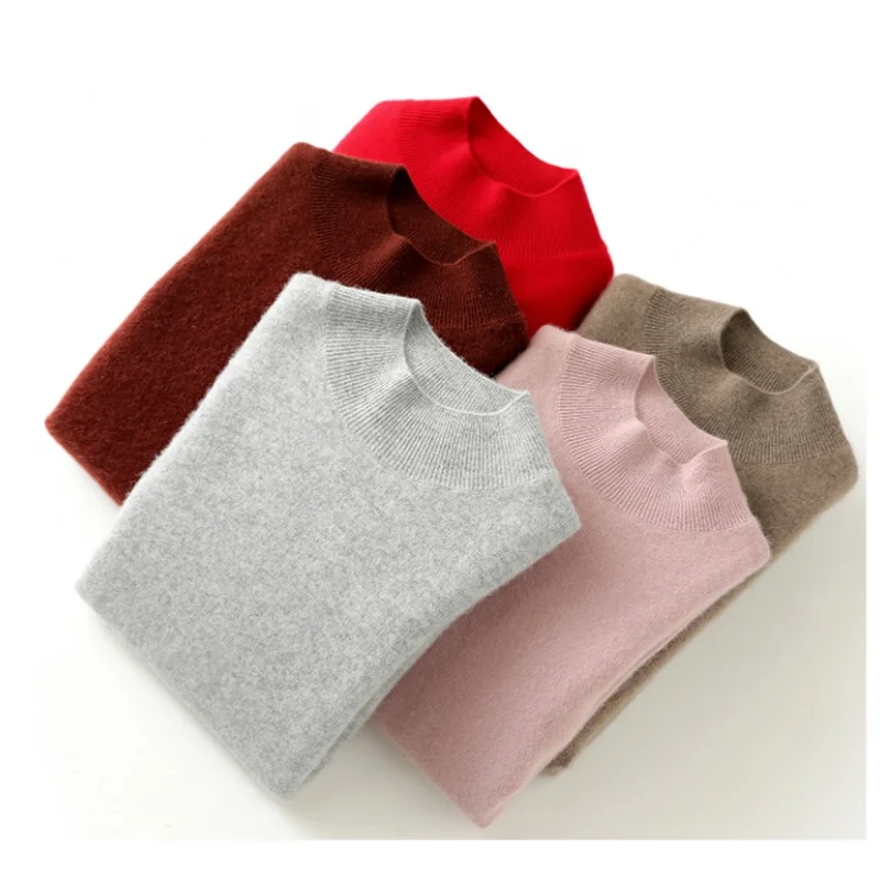 

100% pure cashmere autumn and winter women's pullover casual knitted semi high neck sweater loose top basic warm shirt