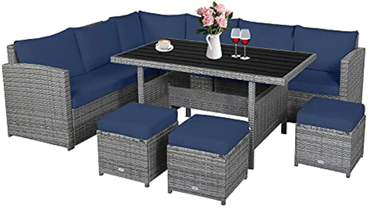 

7PCS Wicker Patio Furniture Set Outdoor Rattan Sofa Set All Weather with Dining Table&Ottomans Soft Cushions for Backyard Garden