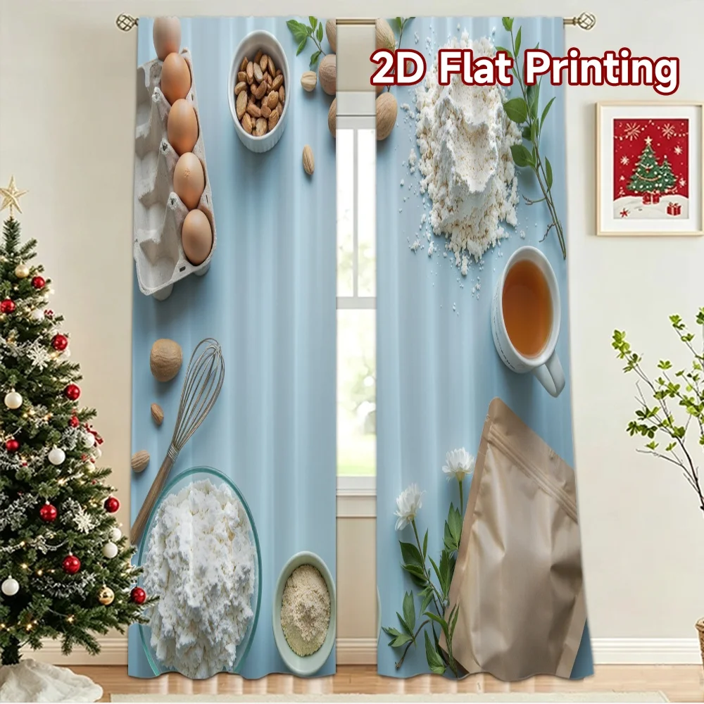 2D flat 2pcs Curtain Modern Minimalist Style Baking Ingredients Arrangement Digitally printed polyester Festive Holiday Perfect