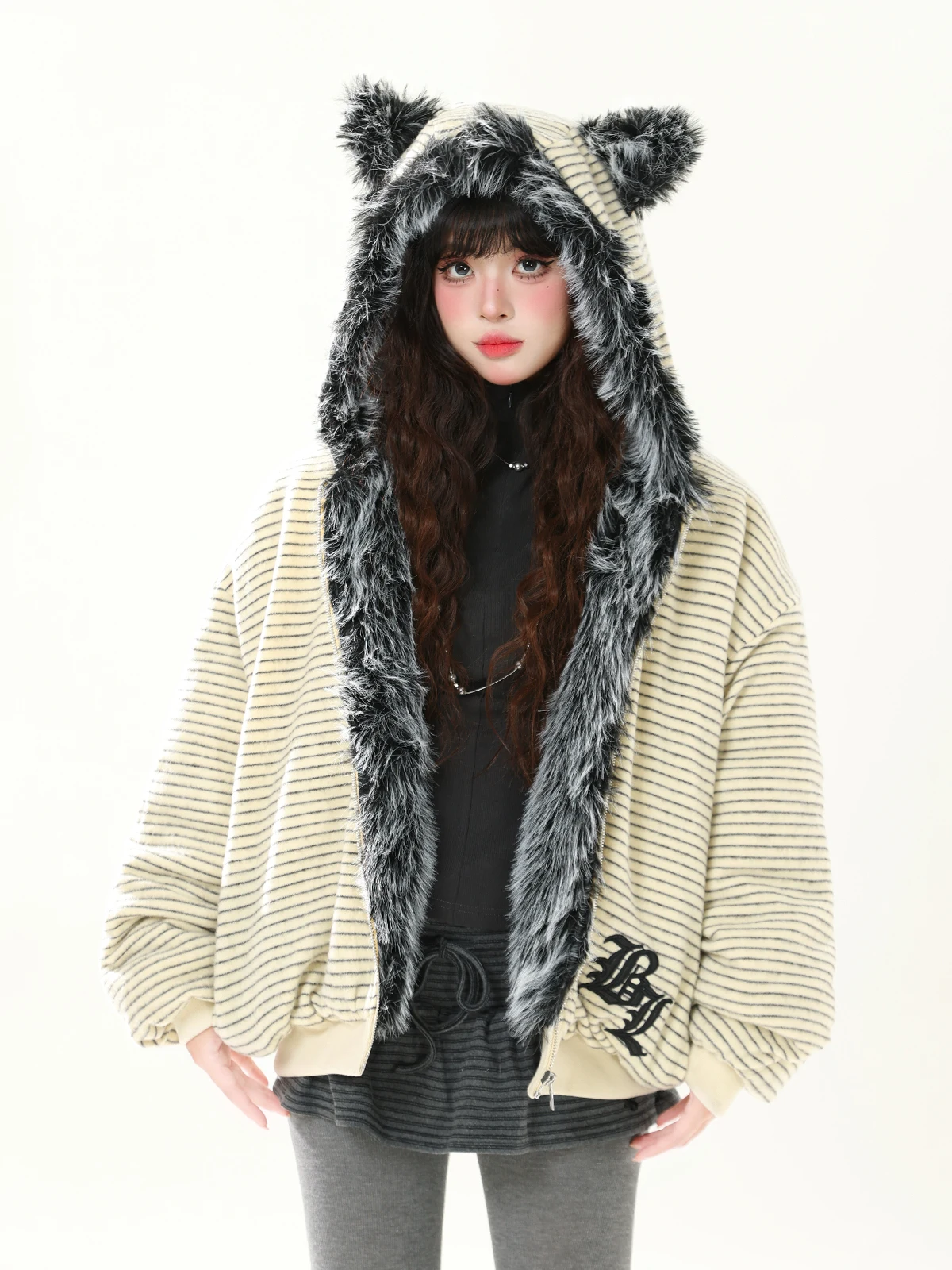 

ENJOG Американская зимняя теплая хлопковая куртка с ушками совы и полосками для женщин, утепленное хлопковое пальто для пар, уличный стиль, длинный рукав, на молнии