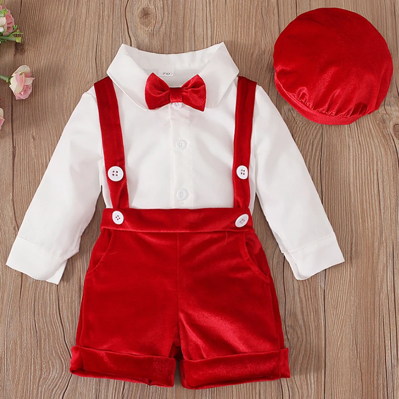 3Piece Spring Autumn Toddler Boy Outfits Korean Fashion Gentleman Tie Long Sleeve Tops+Shorts+Hat Baby Boutique Clothing BC2217