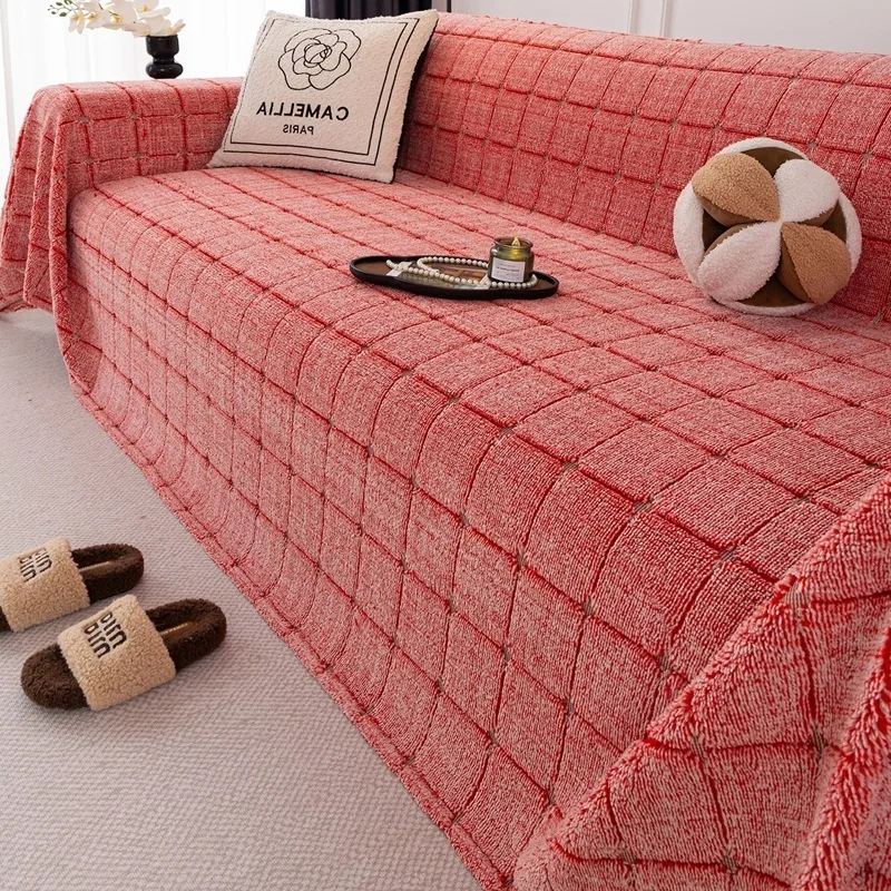 Vintage Style Solid Color Sofa Cover Plaid Stripe Sofa Blanket Non-Slip Fleece Seat Slipcover One-piece Full Coverage Sofa Throw
