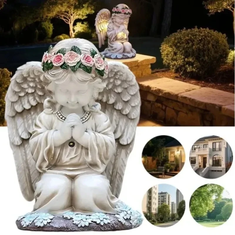 Gartenfigur aus Kunstharz: Betende geflügelte Engelsmädchen-Statue, UV-beständige Outdoor-Gartendekoration, wasserdichte Cherub-Figur für Hinterhof, Veranda, Grab, Gedenkstätte, religiöse Dekoration