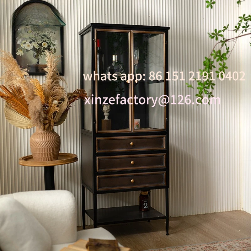 

Customizable American light luxury glass cabinet wabi wind living room figure handicraft display cabinet industrial wind multi-d