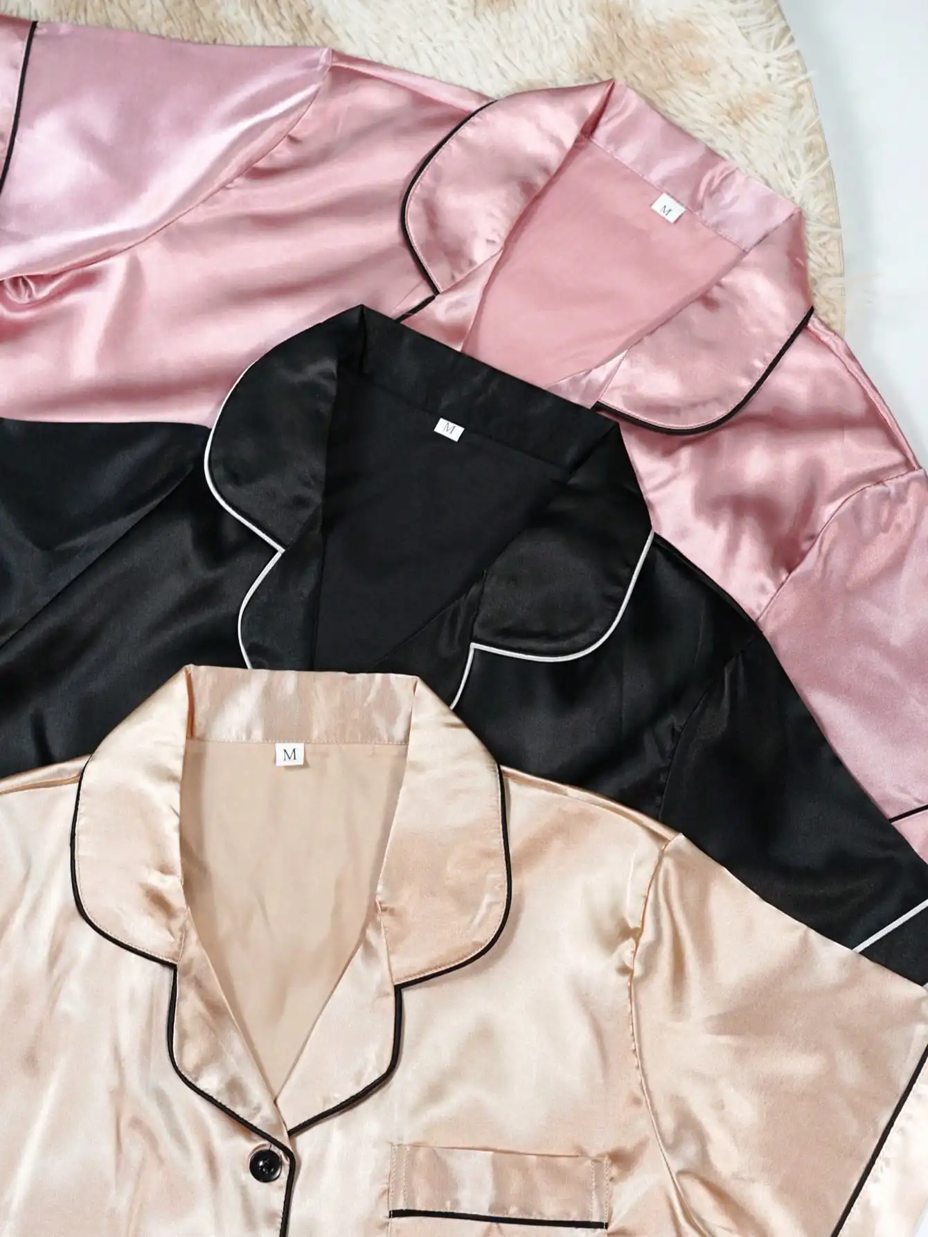 3pcs Solid Color Satin Pajama Sets, Women's Loungewear Set With Short Sleeve Buttoned Collar Top And Shorts, Suitable For Home Use si251215144048589758594