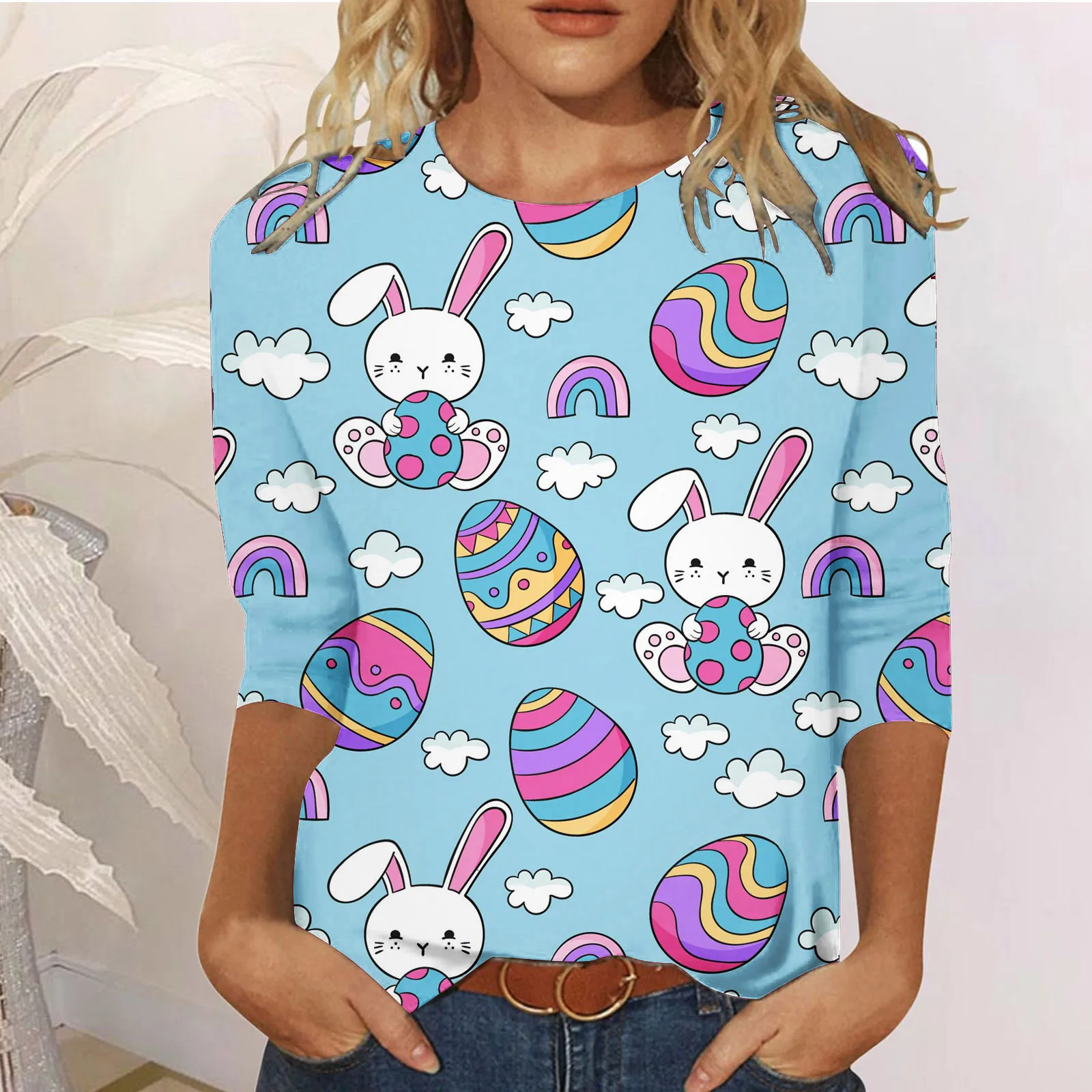 Womens Fashion Women Easter Tee T-Shirts Three Quarter Sleeve Eggs Printed Y2k Tees Basic Tops Adult Spring Clothing Sunday