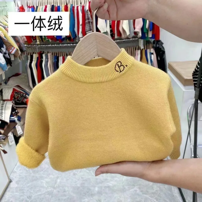 Winter Children Padded Sweater New Fleece Jumper Kids Clothes Boy Girl Warm Thicken Pullovers Toddler Solid Knitwear Casual Top