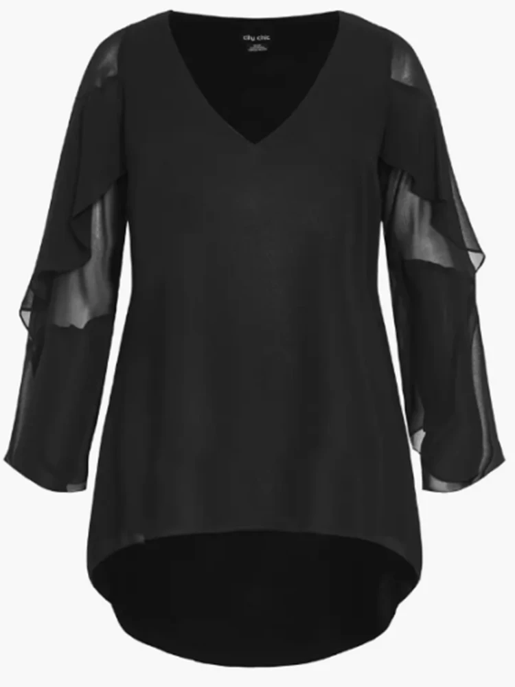 Kobiety Plus Size Szyfonowa koszulka Jesień Nowa moda Warstwowy top z falbanką Siatka Patchwork Asymetryczny dekolt w szpic Elegancka koszulka Top