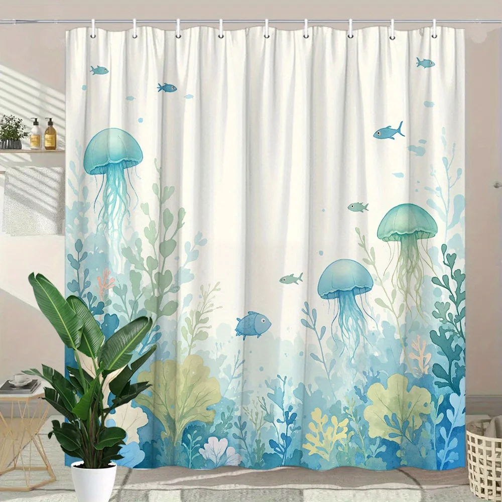 Abstract Aquatic Motif Shower Curtain – Soft-Tone Organic Forms, Polyester, 12 Grommets, Machine Washable, 70.8×70.8