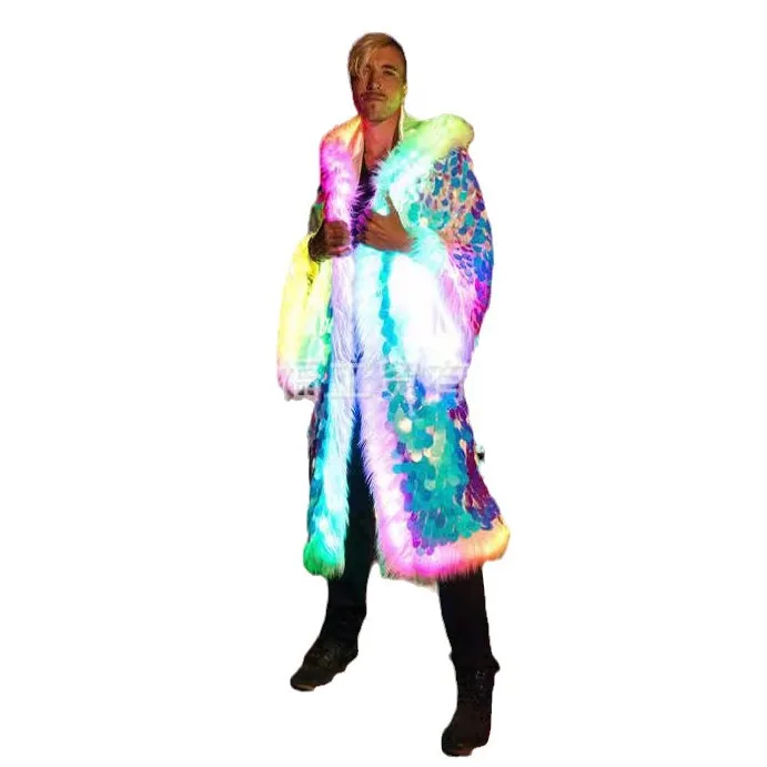 Jacket Faux Fur Men Long Coat Sequins Hooded Fluffy Warm Winter Patchwork LED Costume Stage Dance Party Cosplay Outerwear