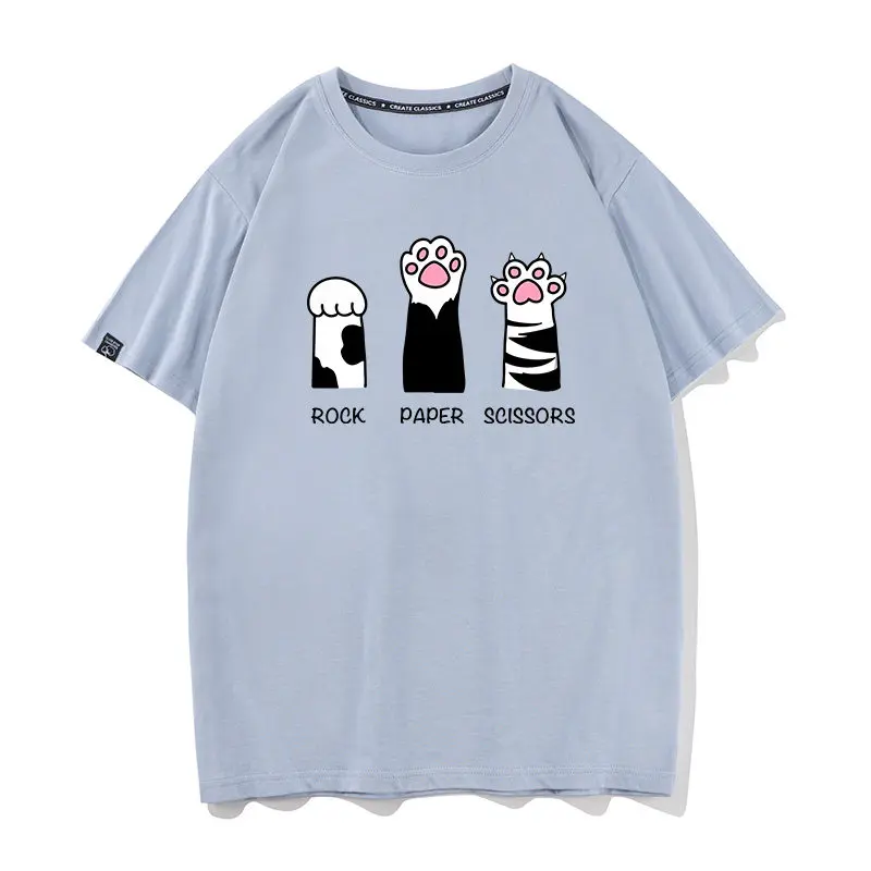 Cat Claw Scissors Stone Paper Scissors Pattern Base Shirt Half Sleeve Cotton Short Sleeve T-shirt for Men and Women