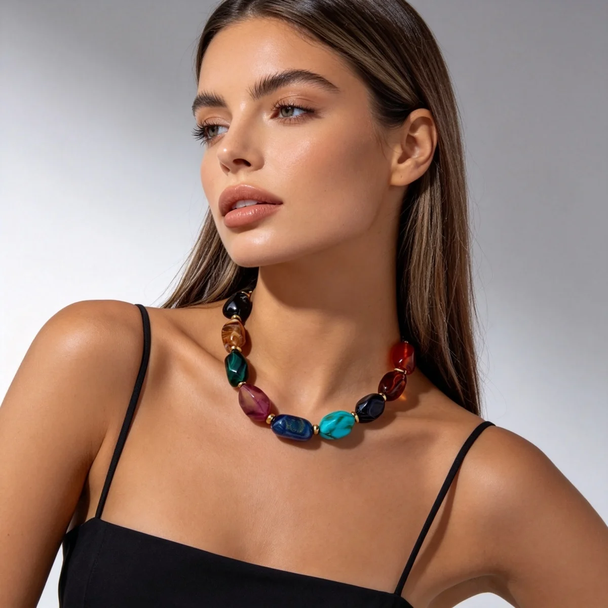 Klobige Unregelmäßige Acryl-Perlenkette für Damen und Herren, Bunte Imitations-Natursteinperlen-Halskette, Vintage-Punk-Schmuck – Detail 15