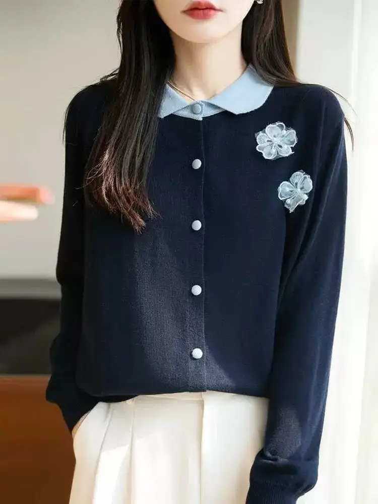 

Элитный вязаный кардиган с цветочным узором для женщин, модный дизайн, цветной воротник, свитер-жакет, топ во французском стиле, мягкая ткань