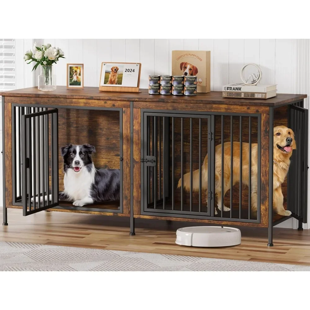 

78 Inch Dog Cage Furniture for 2 Dogs, Extra Large Double Dog Crate Furniture Large Breed, 78.74"L x 27.56"W x 32.68"H