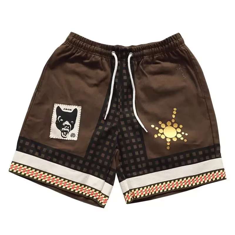 Kanye West Checkered Shorts Wolf-head Patch Panel Drawcord Plaid Men\'s Cartoon Sports Shorts Streetwear Urban Shorts for Male