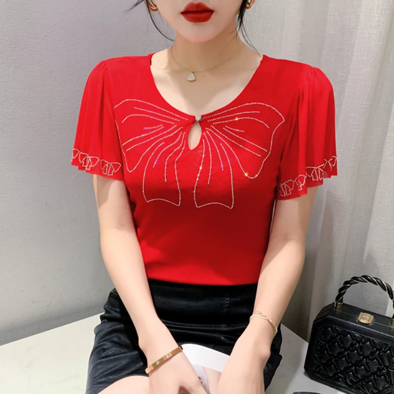 New 2024 Summer Short Sleeved Women\'s T-Shirt Fashion O-Neck Ruffles Hot Drilling Mesh Tops M-3XL Red Black Blusas Clothes