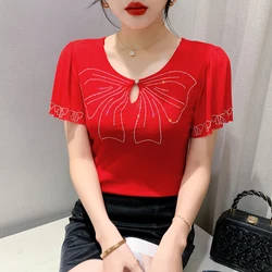 New 2024 Summer Short Sleeved Women's T-Shirt Fashion O-Neck Ruffles Hot Drilling Mesh Tops M-3XL Red Black Blusas Clothes