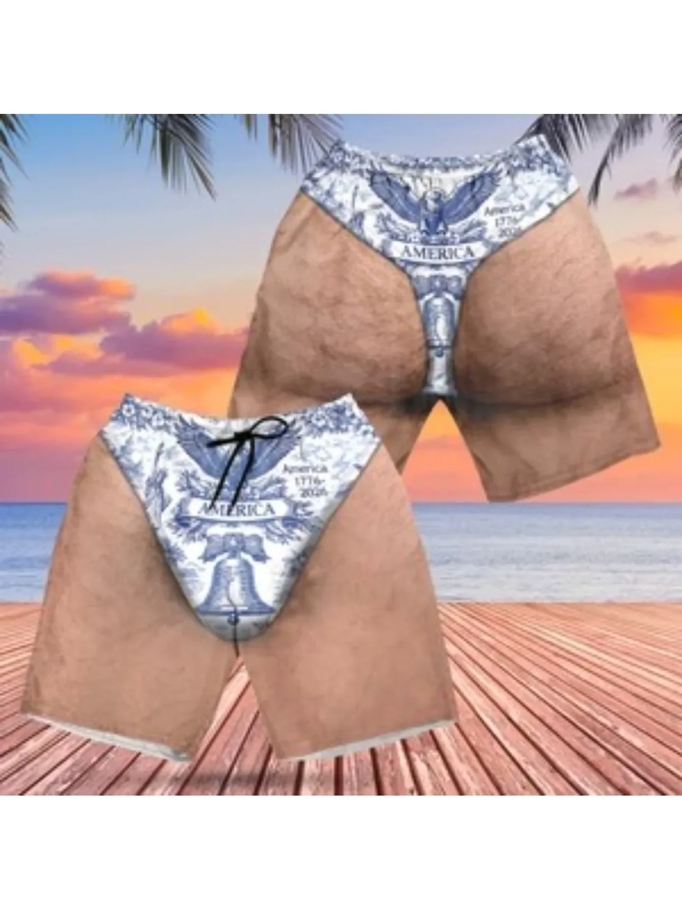 Vintage Patriotic Eagle Bell Funny Fake Butt Men Swim Trunks Shorts Drawstring Summer Beach Board Shorts Swimwear
