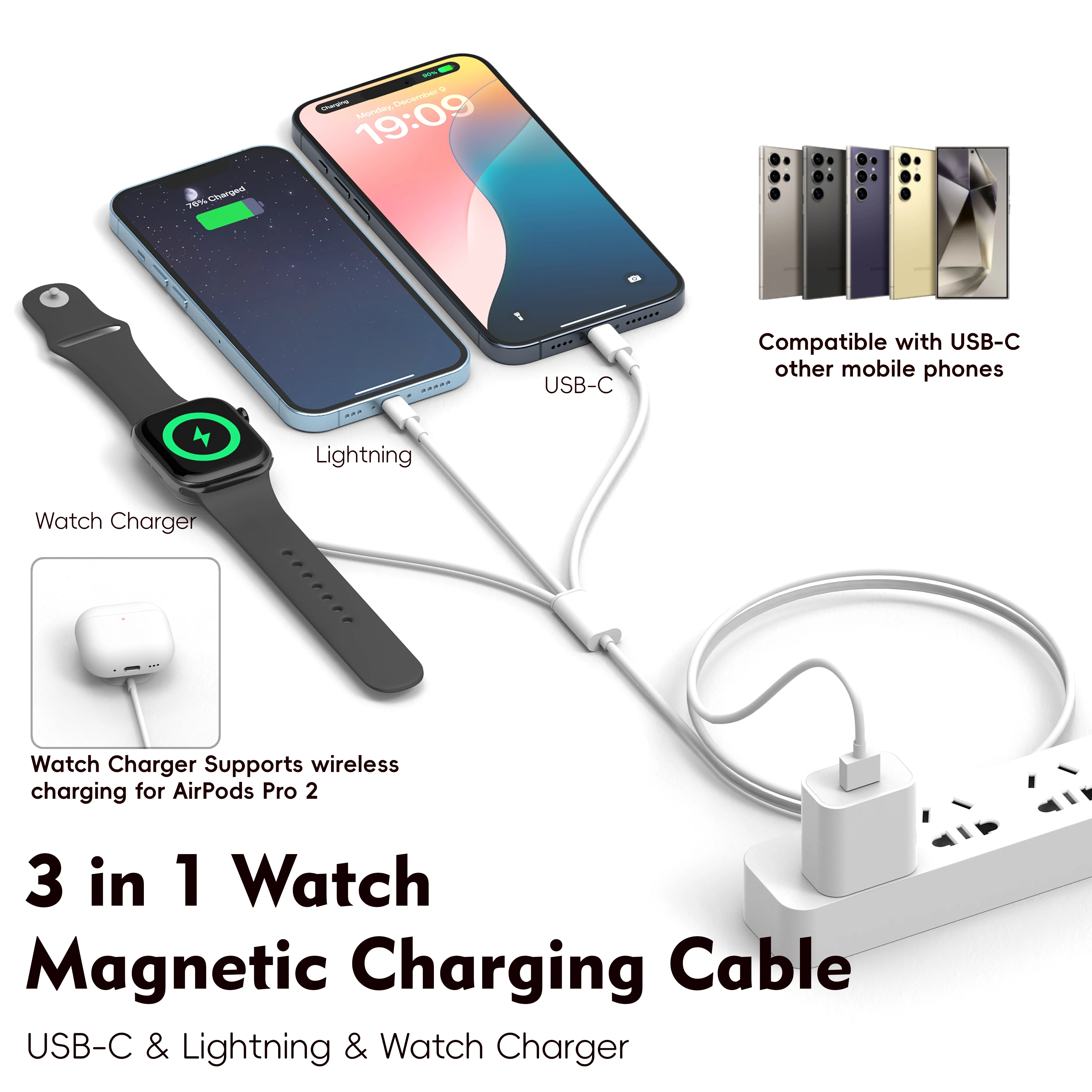 3 in1 Charging Cable for Mobile Phones with Lightning Input USB-C/A Wireless Charger for iPhone12~16 Series for1-10 SE1-2 Ultra