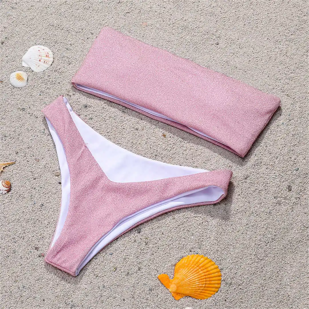 Glitzernder, funkelnder, trägerloser Bikini, Damen-Badeanzug, zweiteiliges Bikini-Set, Bandeau-Badeanzug, Badebekleidung, Badeanzug, Modell V2236. – Detail 21