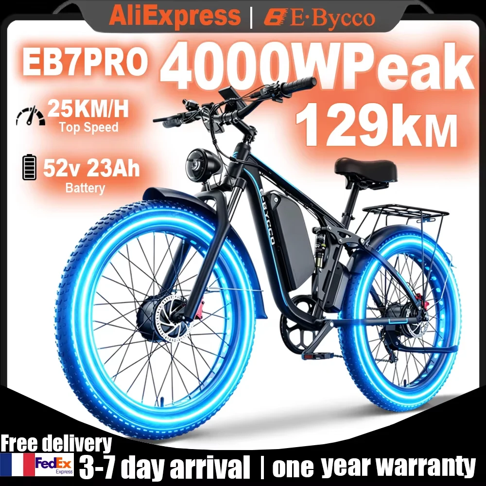 E-BYCCO EB7PRO Vélo Électrique Tout-Terrain à Double Moteur 3000W/4000W de Pointe, Batterie Amovible 52V 23Ah, Pneus Fat 26x4.0, Suspension Intégrale, Pour Sable, Neige et Route de Montagne