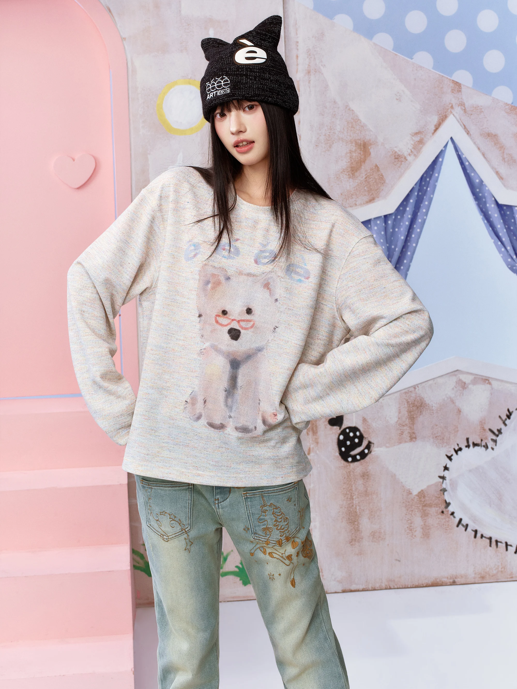 Warm Gentle Style Long Sleeve T-Shirt Hand-Drawn Dog Pattern EeeDesign Sensation Sand Color Bottom Shirt for Spring