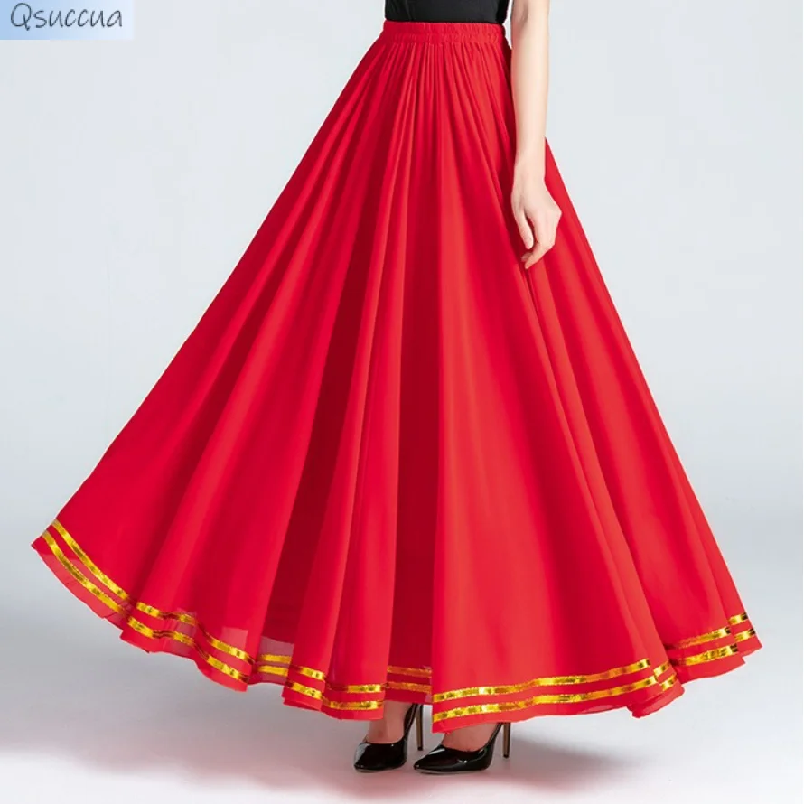 New  Women's Dance Halfskirt A-line Skirt Long Dress Large Swing Versatile Mid length Slim Xinjiang Square Dance Skirt