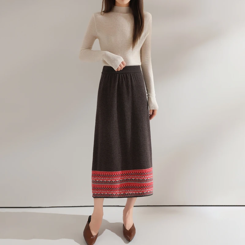ANGEL New Women Wool Long Skirt Autumn Winter Grace Basic Skirt 100% Merino Wool Knitting Office Lady National Style A Skirt