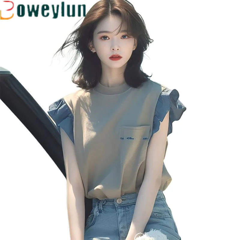 

Boweylun Grey Flying Sleeve Patchwork T-shirt Women Summer Fashion Commuter Casual Round Neck Short Sleeve Tops Girl