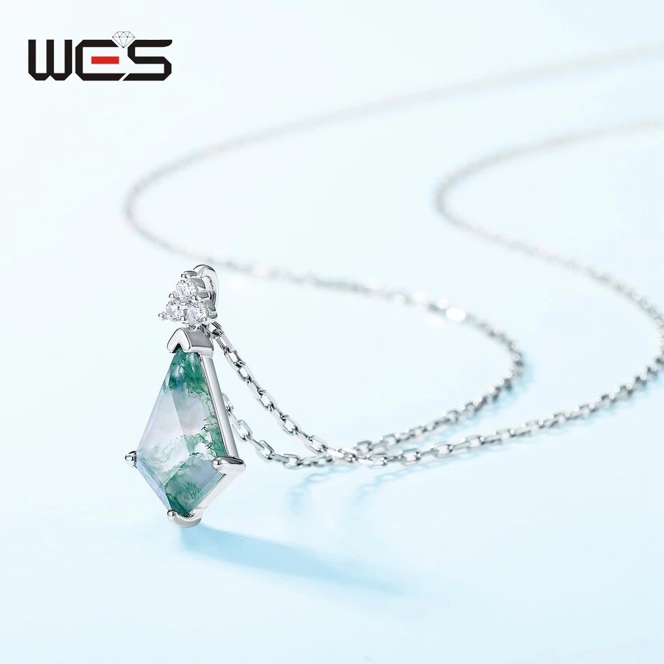 WES 100% 925 Sterling Silver Natural 7*12mm Moss Agate Pendant Necklace For Woman Fine Jewelry Christmas Party Gifts Engagement