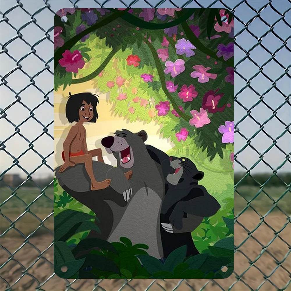 قطعة واحدة من لافتة ديزني دونالد داك ميكي بلوتو مقاس 8 × 12 بوصة من القصدير المعدني - لوحة فنية جدارية لمشهد الغابة العتيق مع الصبي والدب، غرفة نابضة بالحياة ديسمبر #2