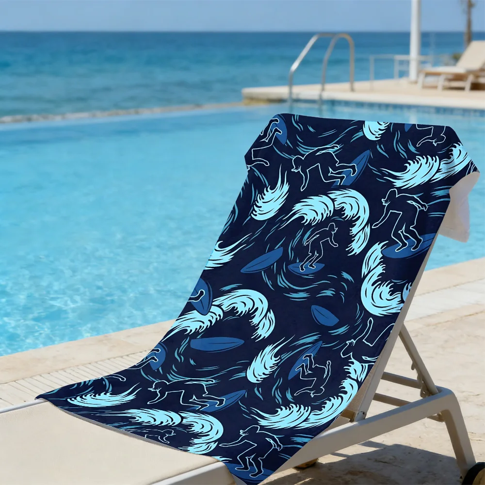 Retro Surfing Wave Beach Towel – Oversized Quick Dry Sand Free with Navy Blue Surfer Print for Surf Enthusiasts