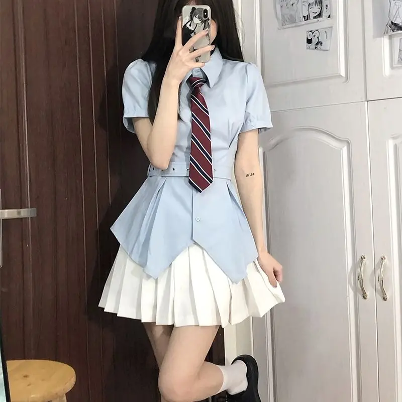 Japan Women's White Shirt Skirt Korean Preppy Style Long Sleeve Turndown Collar Blouse School Girl Uniform Student Slim Shirts