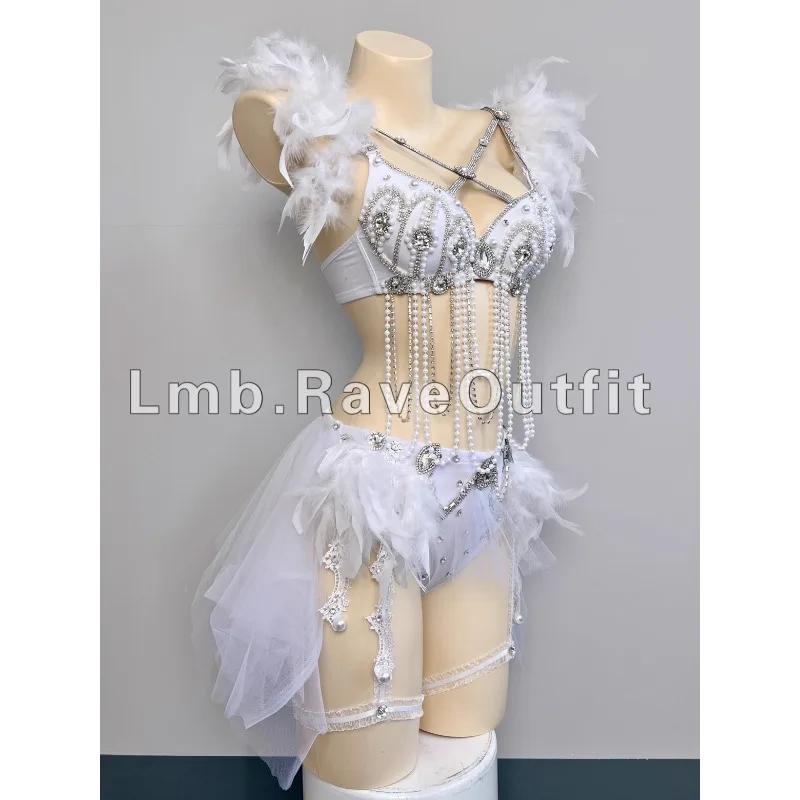 Ropa de sílaba eléctrica EDC de plumas de perlas personalizada, fotografía de rebote, club nocturno, vestido de actuación DS, falda tutú de Ballet